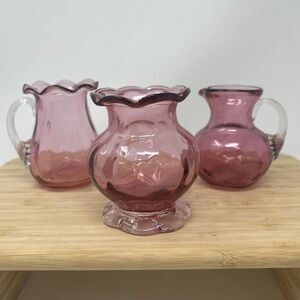 Vintage‎ Set Of 3 Cranberry Glass Hand Blown Pilgrim  Vase & Pitchers EUC